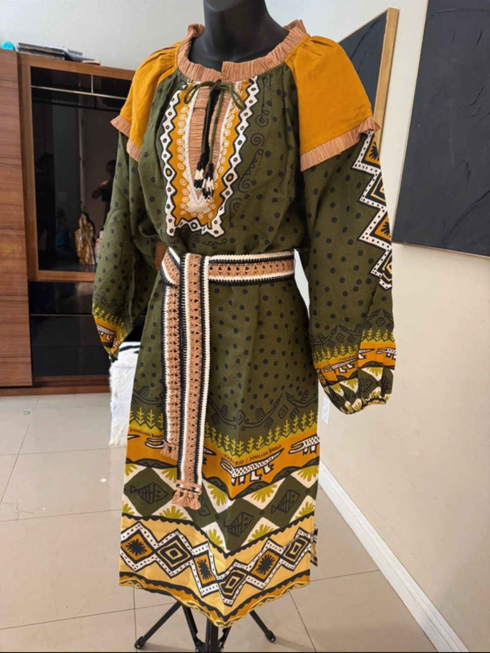 FARM Rio Olive & Mustard Printed Midi Dress